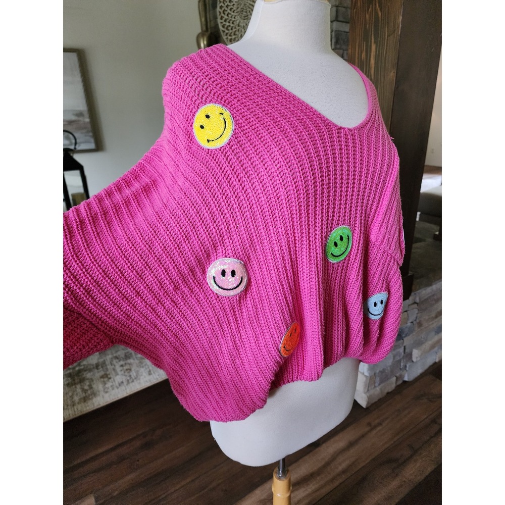 Judith March Hot Pink Smiley Face Sequin Patch Oversized Knit Sweater M/L - Picture 4 of 9